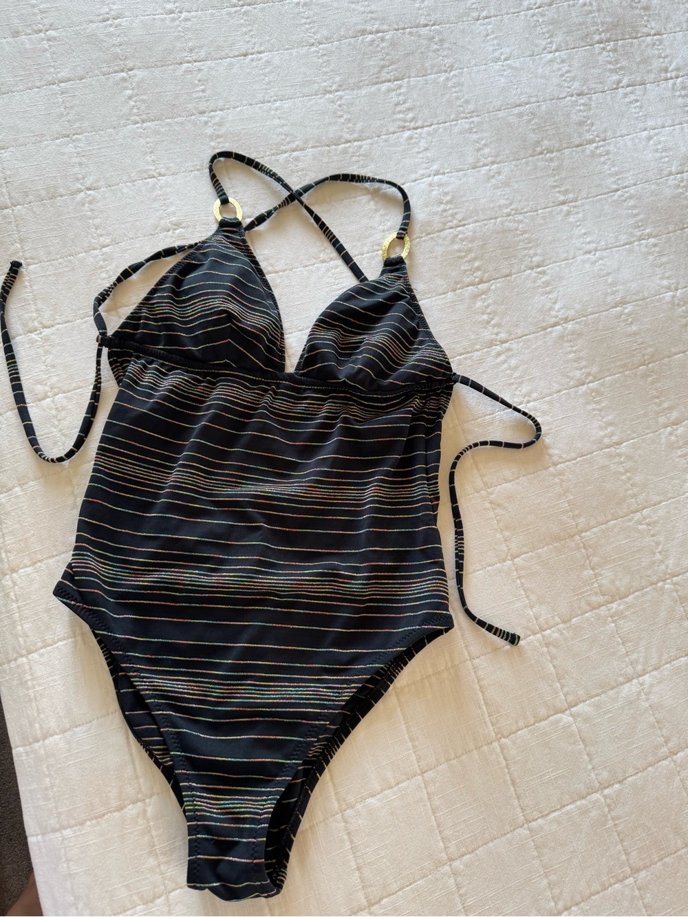 Trina Turk Black One-Piece Swimsuit with Subtle Multicolor Stripes size 8